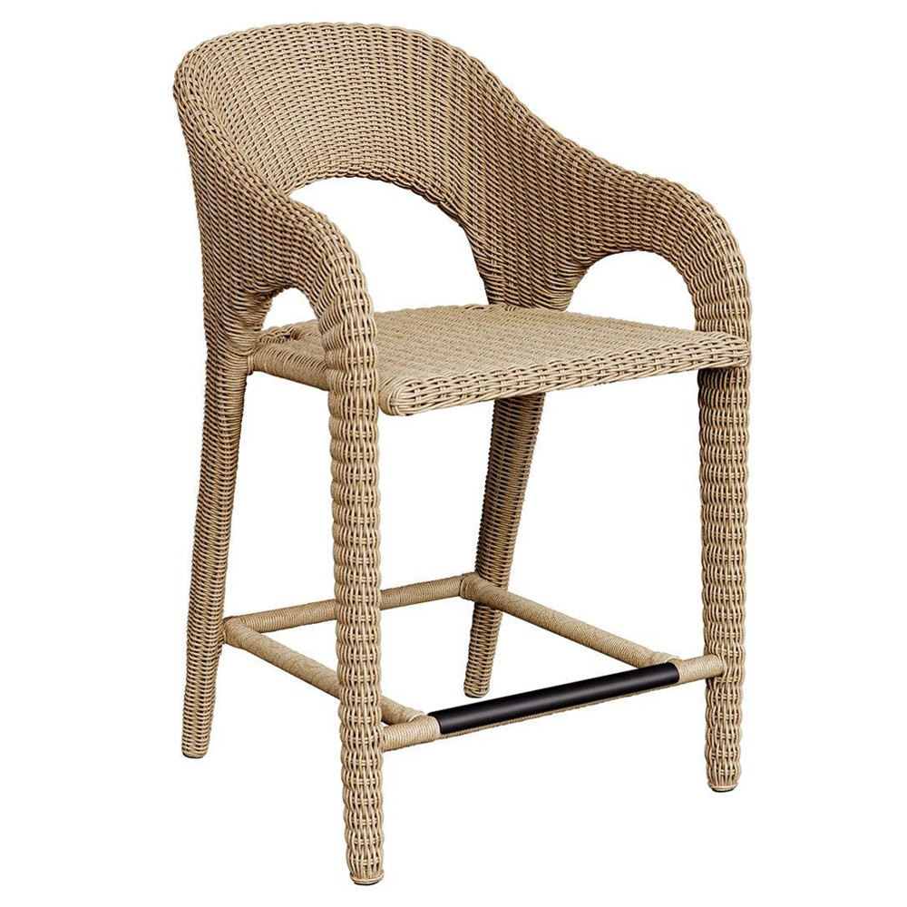 Kaela Coastal Beach Brown Woven Wicker Outdoor Counter Stool|