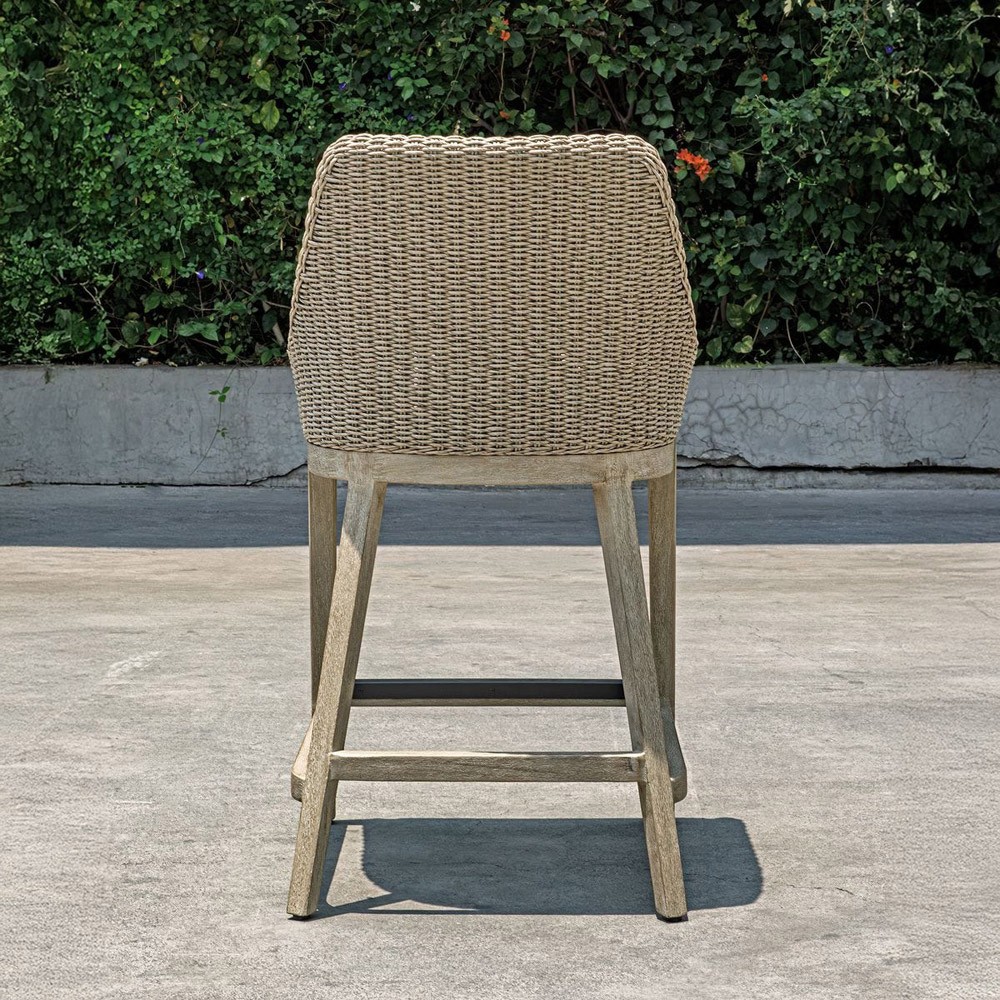 Amalfi Coastal Beach Grey Mahogany Wood Woven Wicker Outdoor Counter Stool|