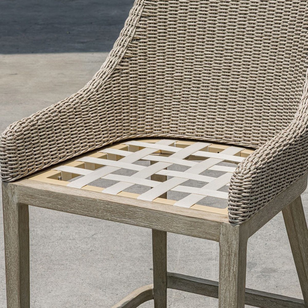 Amalfi Coastal Beach Grey Mahogany Wood Woven Wicker Outdoor Counter Stool|