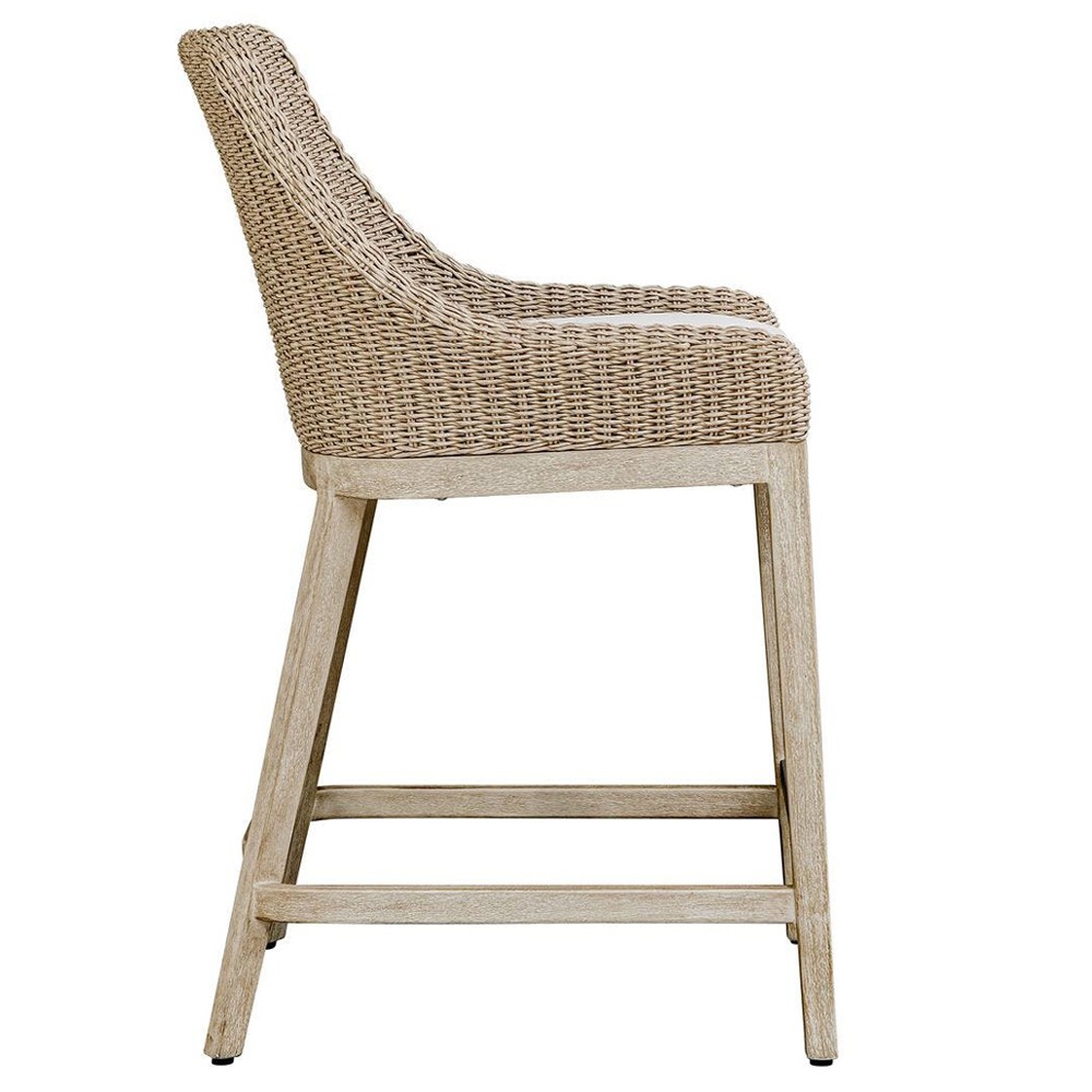 Amalfi Coastal Beach Grey Mahogany Wood Woven Wicker Outdoor Counter Stool|