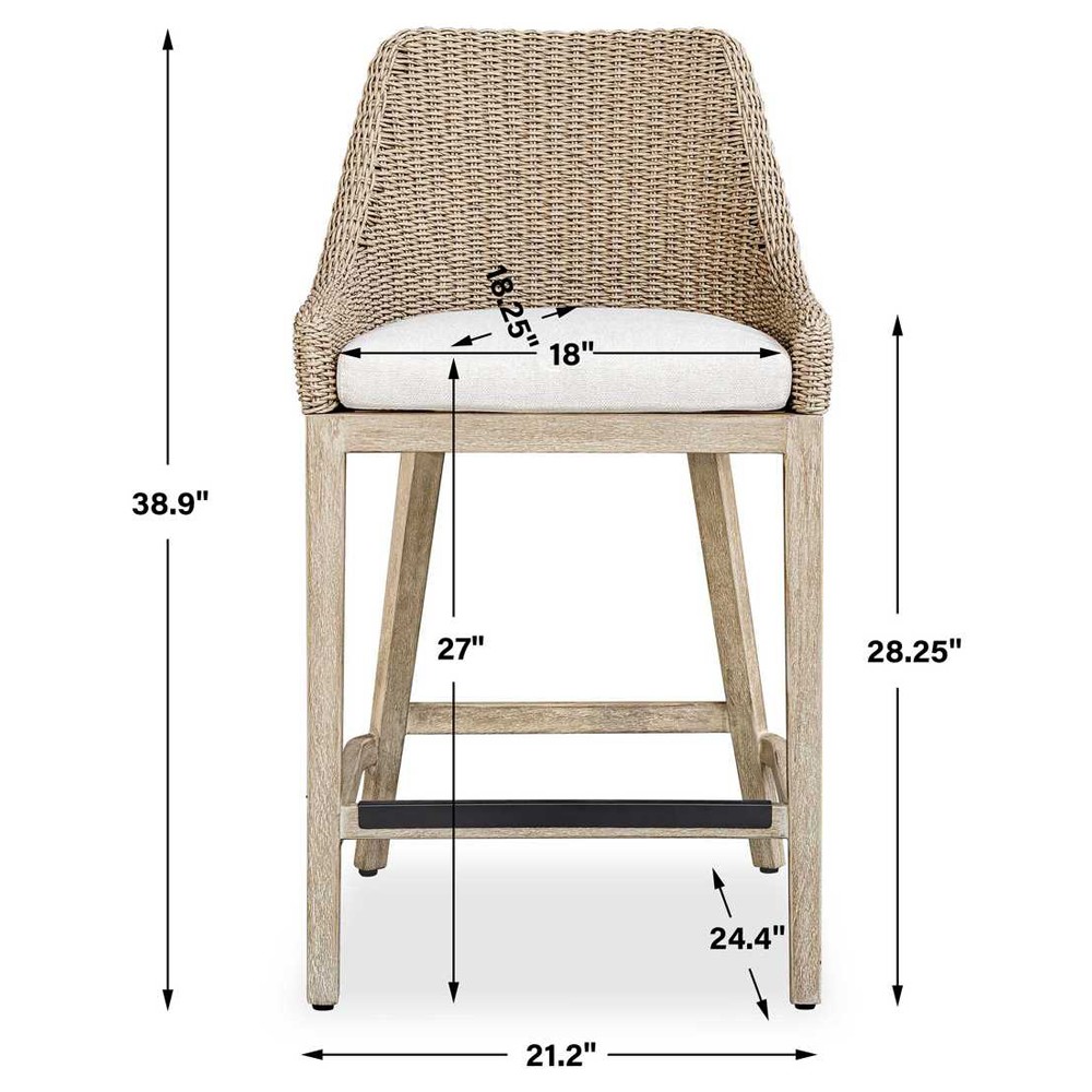 Amalfi Coastal Beach Grey Mahogany Wood Woven Wicker Outdoor Counter Stool|