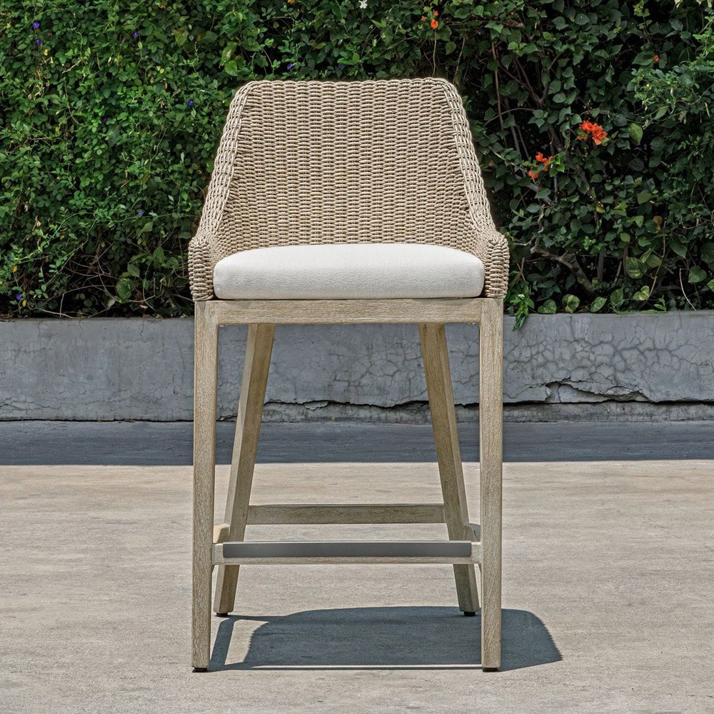 Amalfi Coastal Beach Grey Mahogany Wood Woven Wicker Outdoor Counter Stool|