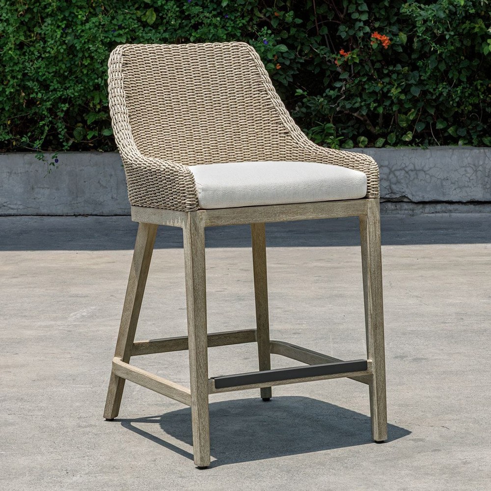 Amalfi Coastal Beach Grey Mahogany Wood Woven Wicker Outdoor Counter Stool|