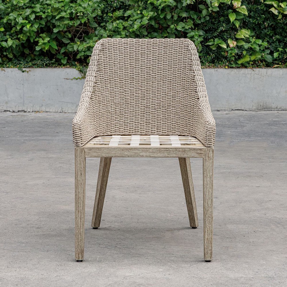 Amalfi Coastal Beach Grey Mahogany Wood Woven Wicker Outdoor Dining Chair|