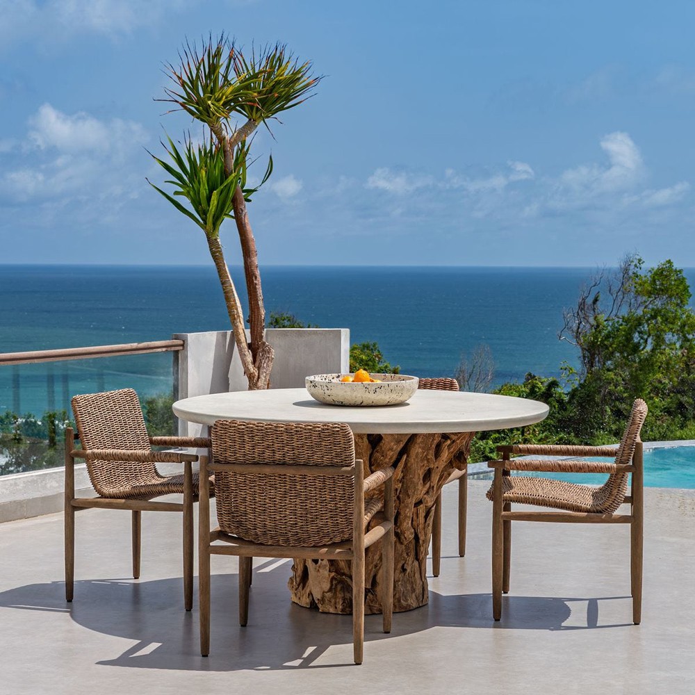 Positano Coastal Beach White Concrete Natural Teak Root Outdoor Dining Table - 60"|