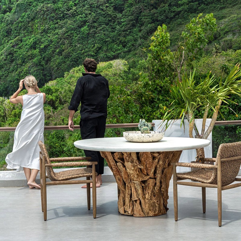 Positano Coastal Beach White Concrete Natural Teak Root Outdoor Dining Table - 60"|