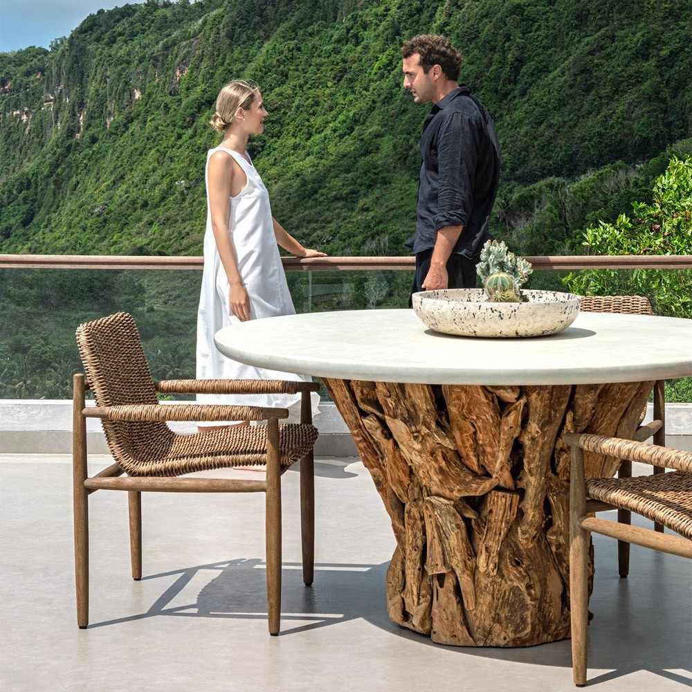 Positano Coastal Beach White Concrete Natural Teak Root Outdoor Dining Table - 60"|