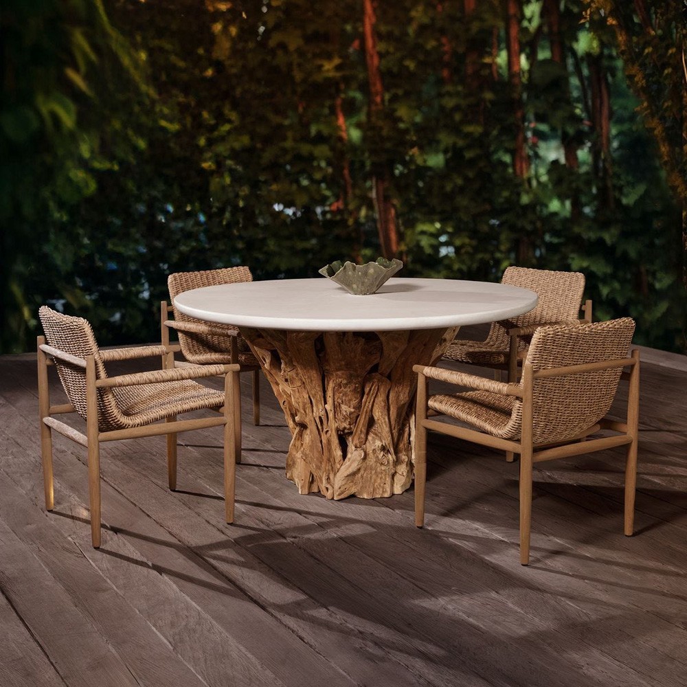 Positano Coastal Beach White Concrete Natural Teak Root Outdoor Dining Table - 60"|