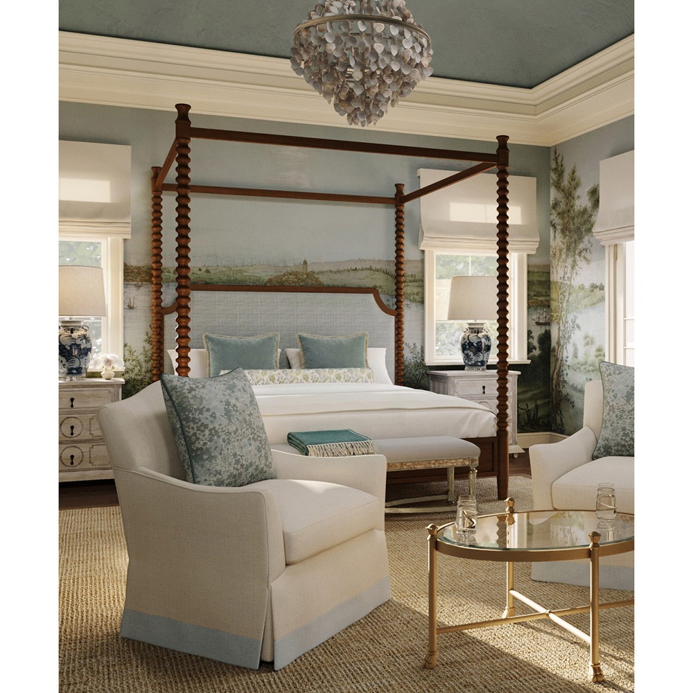 Theodora French Green Striped Performance Brown Wood Canopy Spindle Bed - Queen|