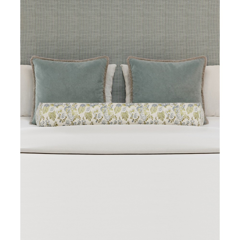 Theodora French Green Striped Performance Brown Wood Canopy Spindle Bed - Queen|