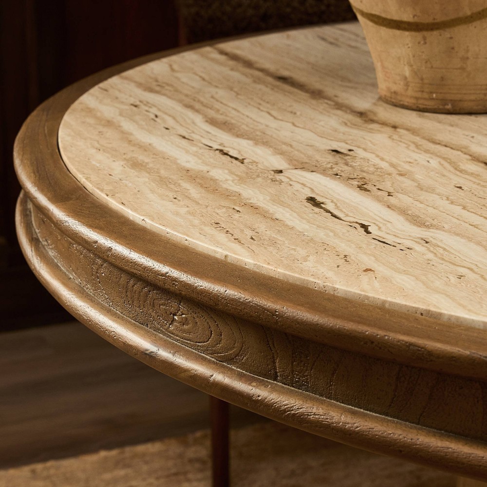 Bourne Modern Classic Beige Travertine Round Pedestal Dining Table - 55"|