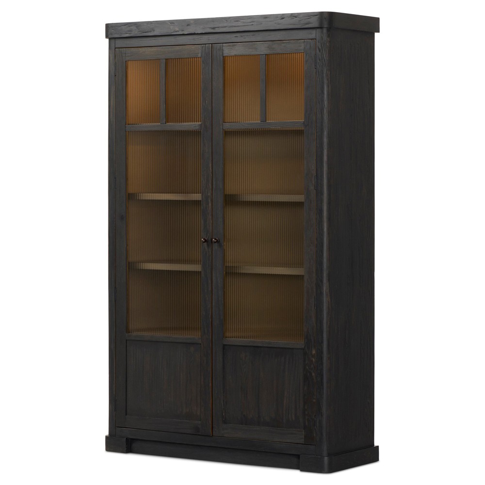 Leopold Rustic Lodge Black Wood Fluted Glass Cabinet|
