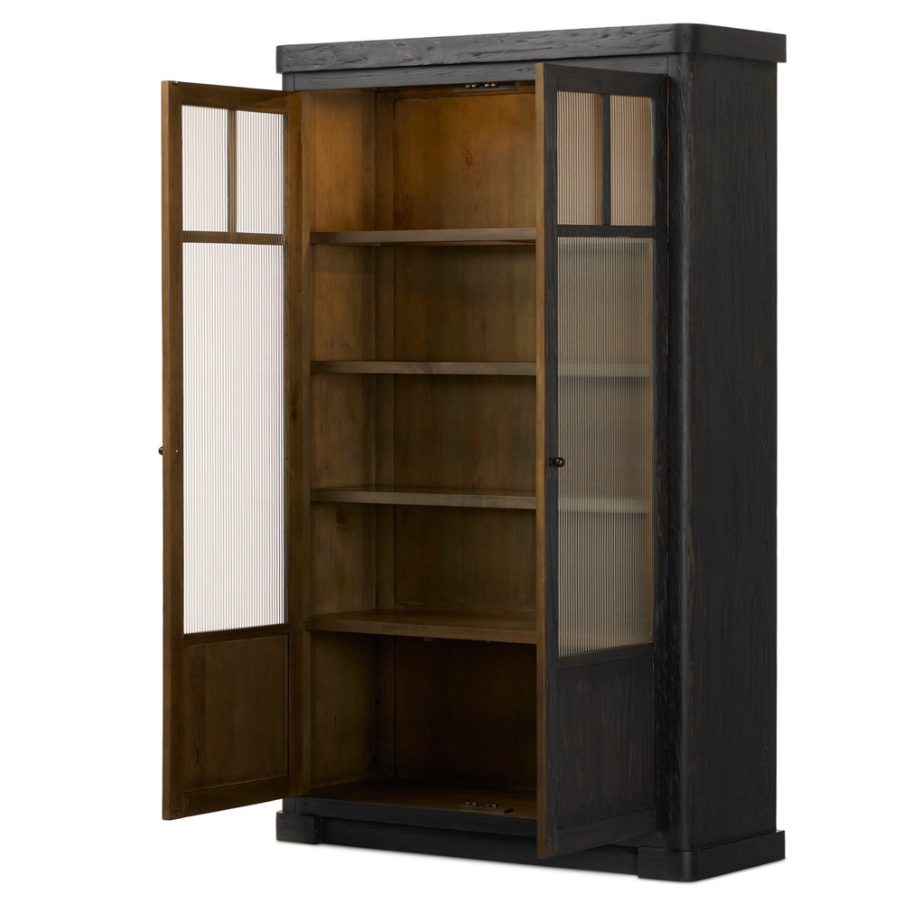 Leopold Rustic Lodge Black Wood Fluted Glass Cabinet|