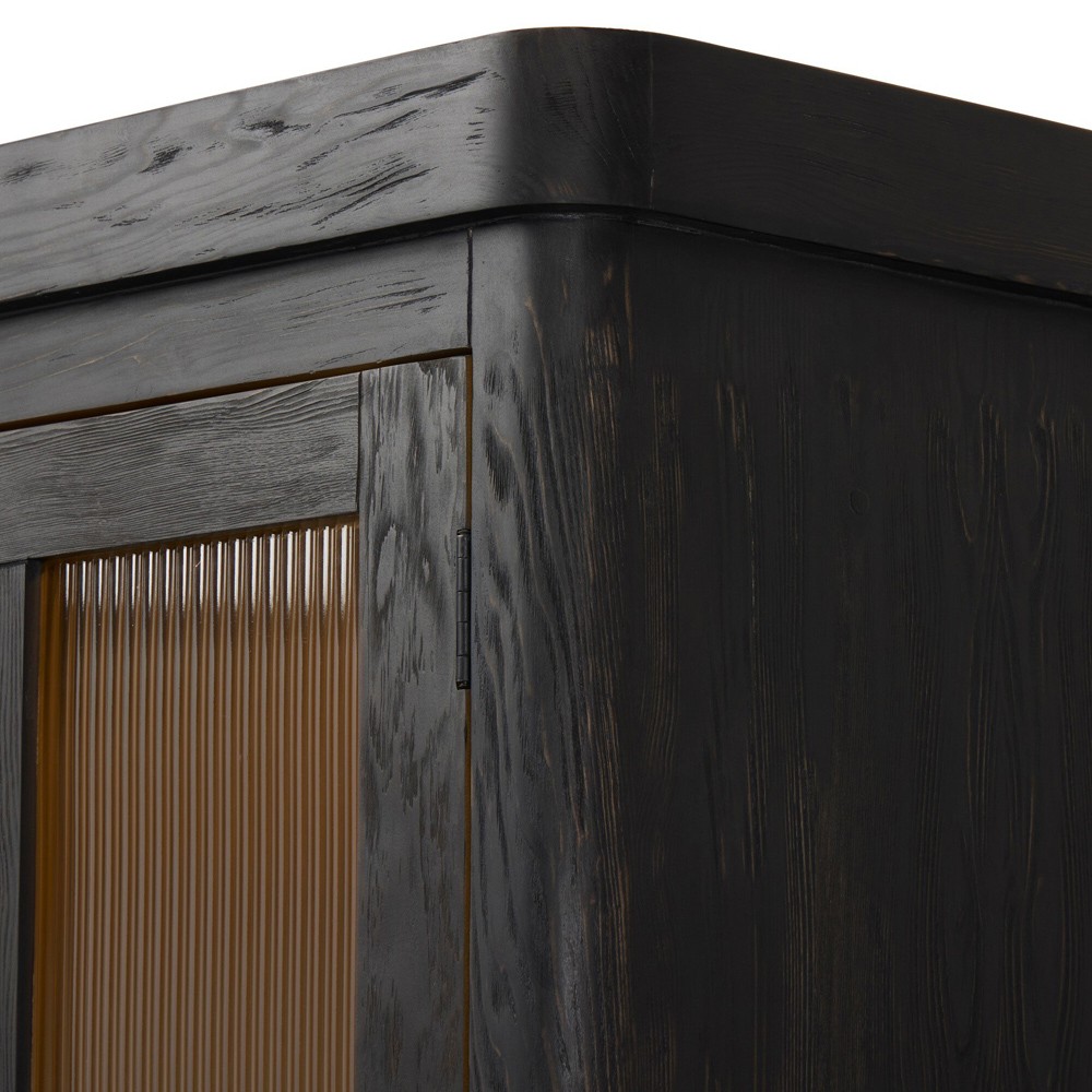 Leopold Rustic Lodge Black Wood Fluted Glass Cabinet|
