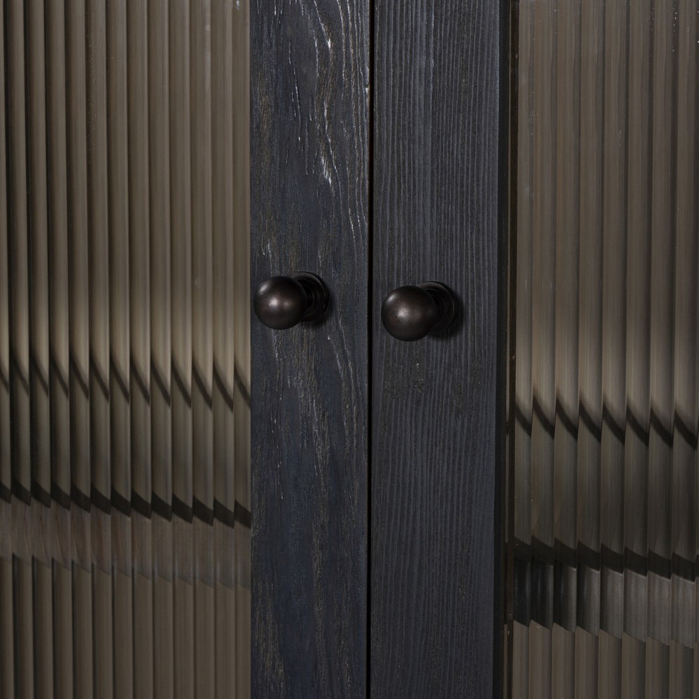 Leopold Rustic Lodge Black Wood Fluted Glass Cabinet|