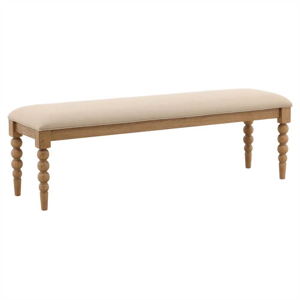 Calypso Updated Traditional Beige Upholstered Natural Oak Bedroom Bench|
