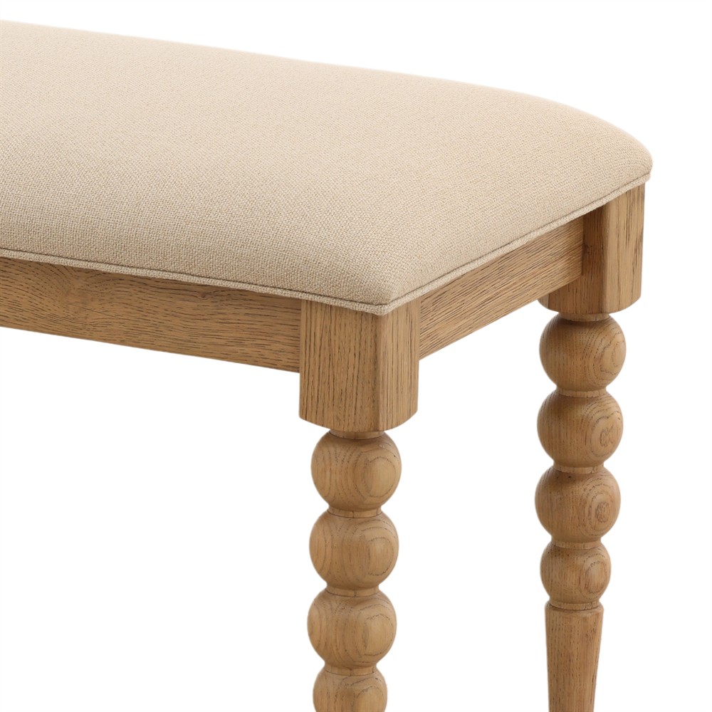 Calypso Updated Traditional Beige Upholstered Natural Oak Bedroom Bench|