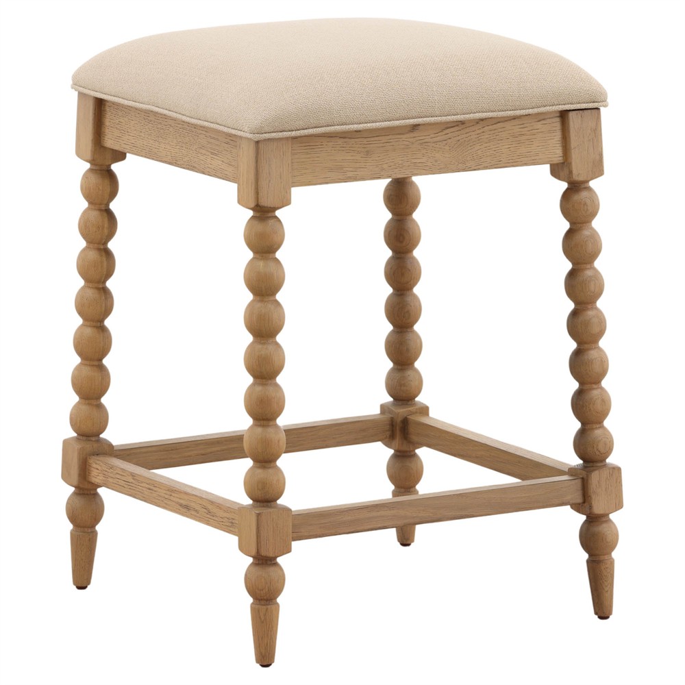 Calypso Updated Traditional Beige Upholstered Natural Oak Counter Stool|