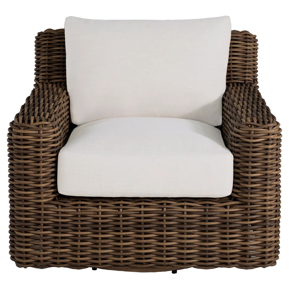 Montauk Cream Upholstered Brown Wicker Outdoor Swivel Lounge Chair|