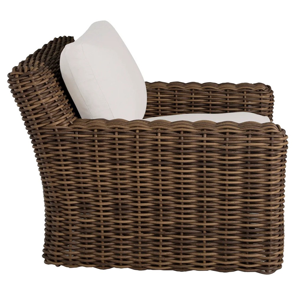 Montauk Cream Upholstered Brown Wicker Outdoor Swivel Lounge Chair|