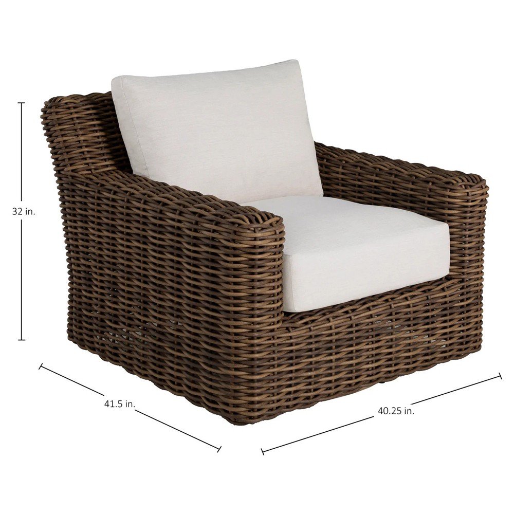 Montauk Cream Upholstered Brown Wicker Outdoor Swivel Lounge Chair|