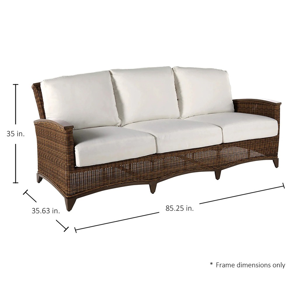 Astoria Cream Upholstered Brown Aluminum Wicker Outdoor Sofa - 85"|