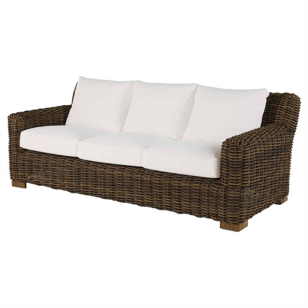 Montauk Cream Upholstered Brown Wicker Outdoor Sofa - 84"|