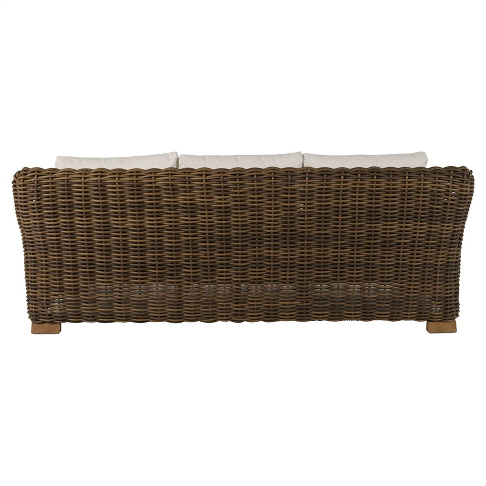 Montauk Cream Upholstered Brown Wicker Outdoor Sofa - 84"|