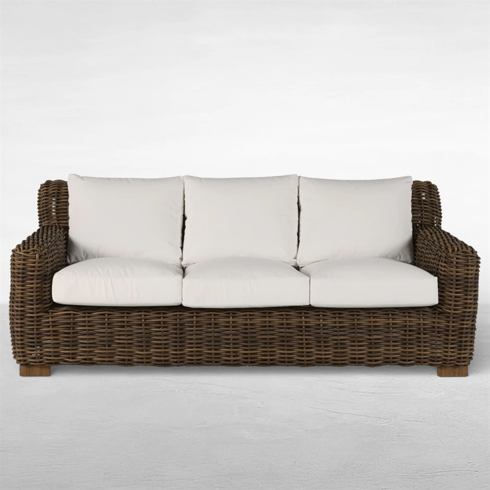 Montauk Cream Upholstered Brown Wicker Outdoor Sofa - 84"|