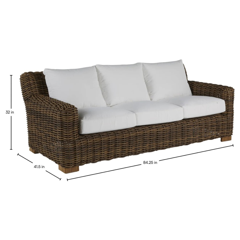 Montauk Cream Upholstered Brown Wicker Outdoor Sofa - 84"|