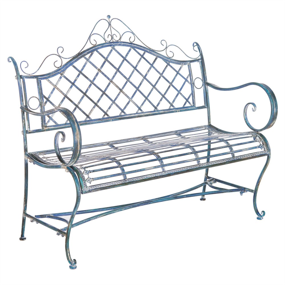 Anise French Country Antique Blue Iron Outdoor Garden Bench|