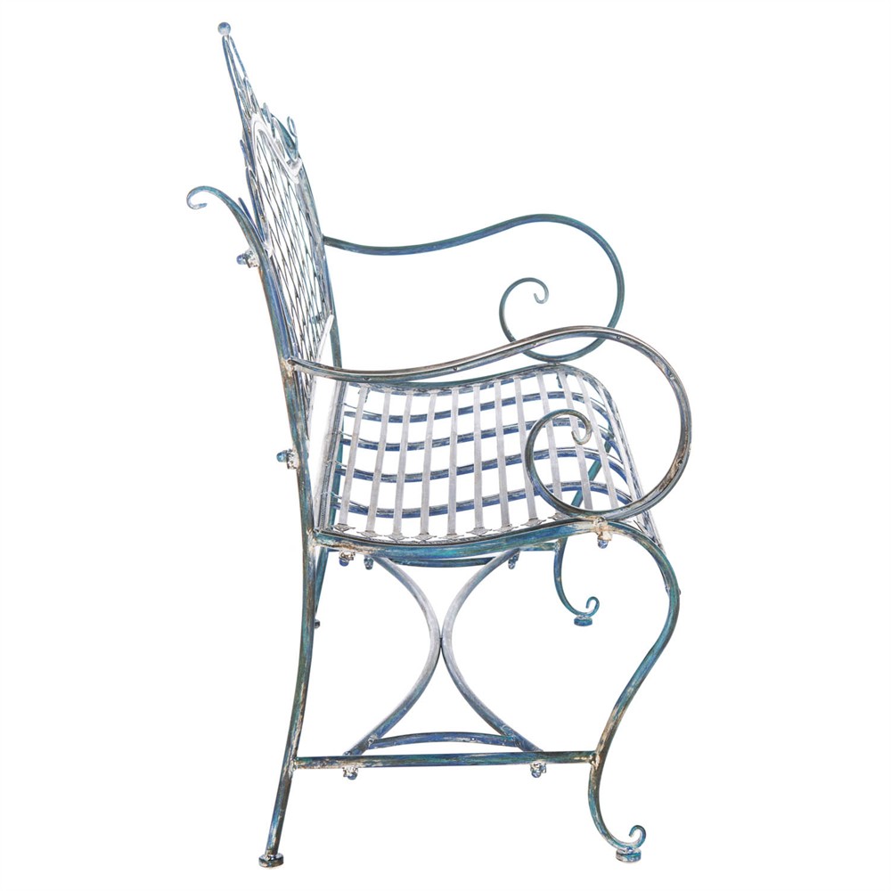 Anise French Country Antique Blue Iron Outdoor Garden Bench|