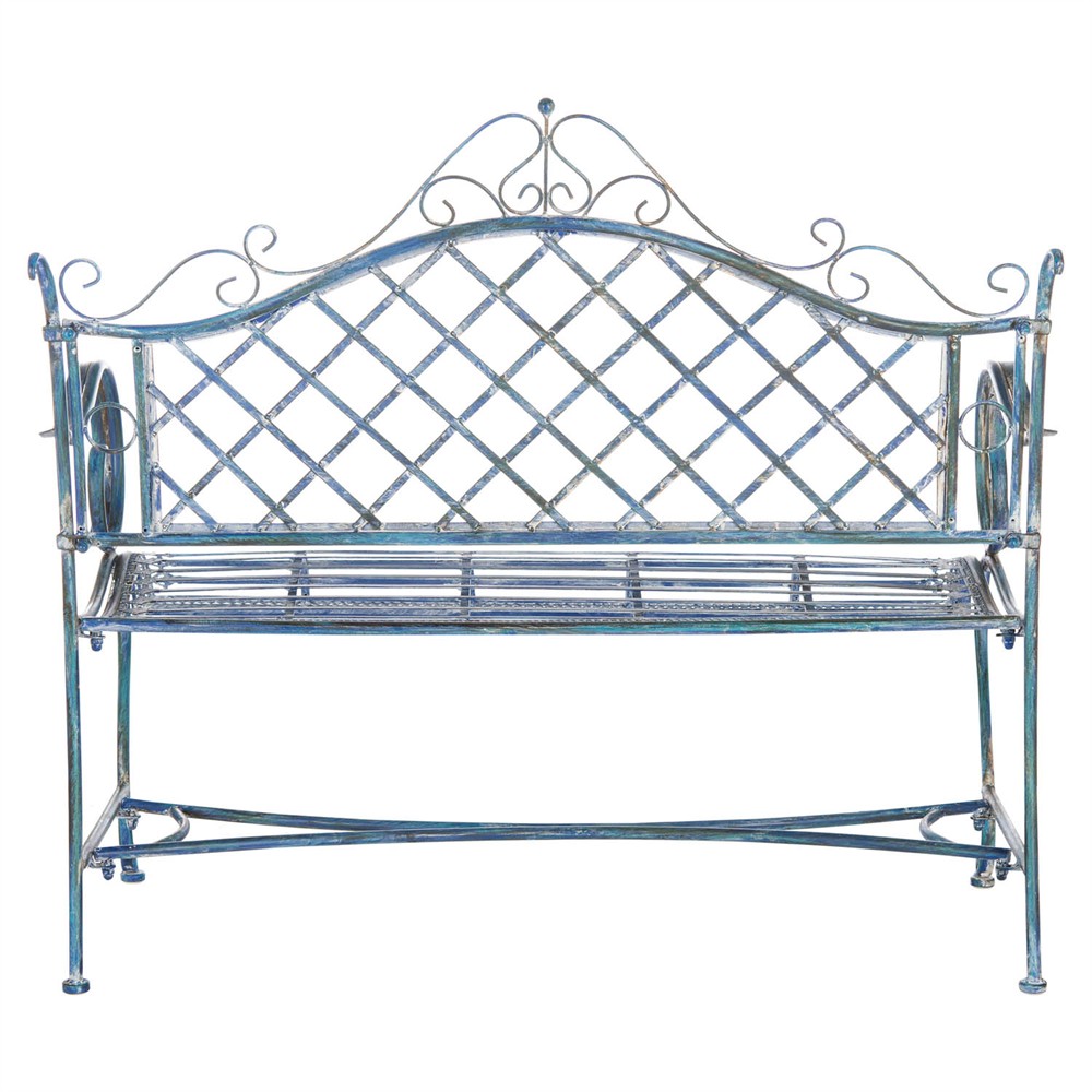 Anise French Country Antique Blue Iron Outdoor Garden Bench|