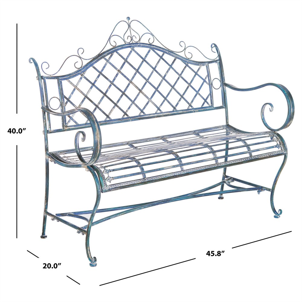 Anise French Country Antique Blue Iron Outdoor Garden Bench|