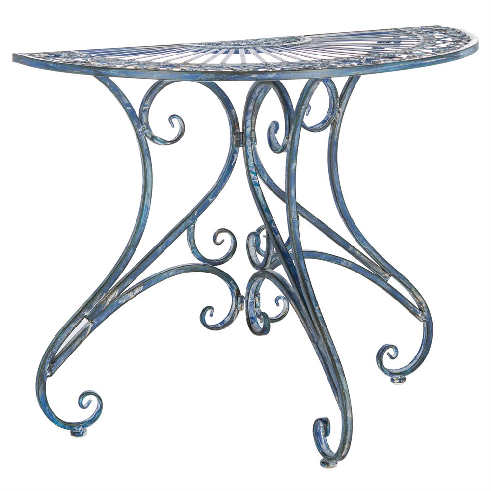 Alessia French Country Antique Blue Iron Demilune Outdoor Console Table|