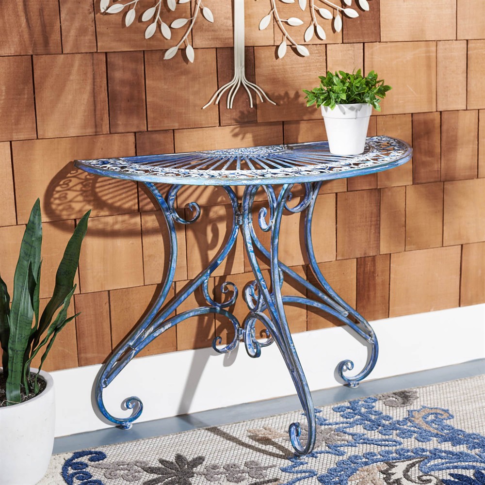 Alessia French Country Antique Blue Iron Demilune Outdoor Console Table|