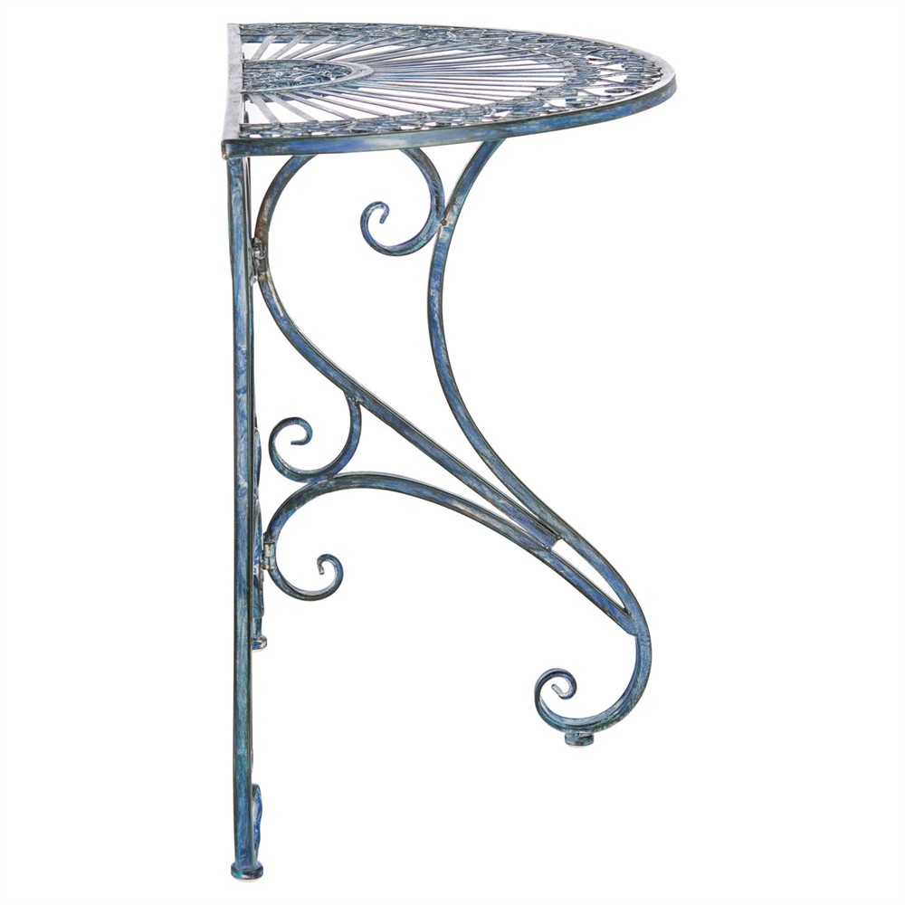 Alessia French Country Antique Blue Iron Demilune Outdoor Console Table|