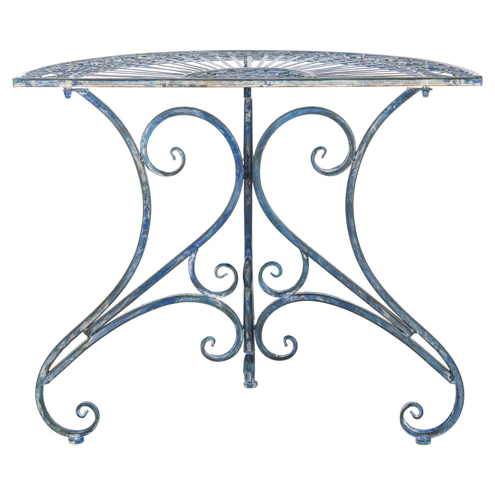 Alessia French Country Antique Blue Iron Demilune Outdoor Console Table|
