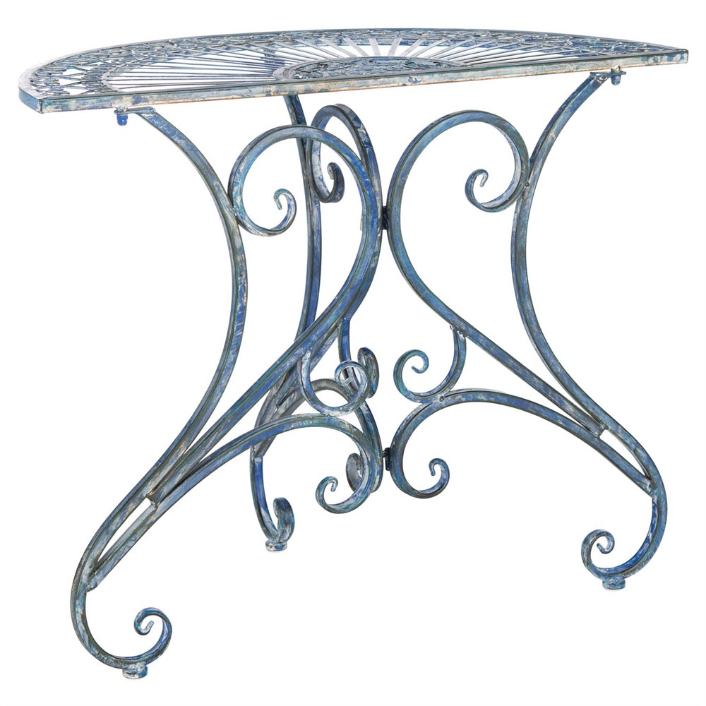 Alessia French Country Antique Blue Iron Demilune Outdoor Console Table|
