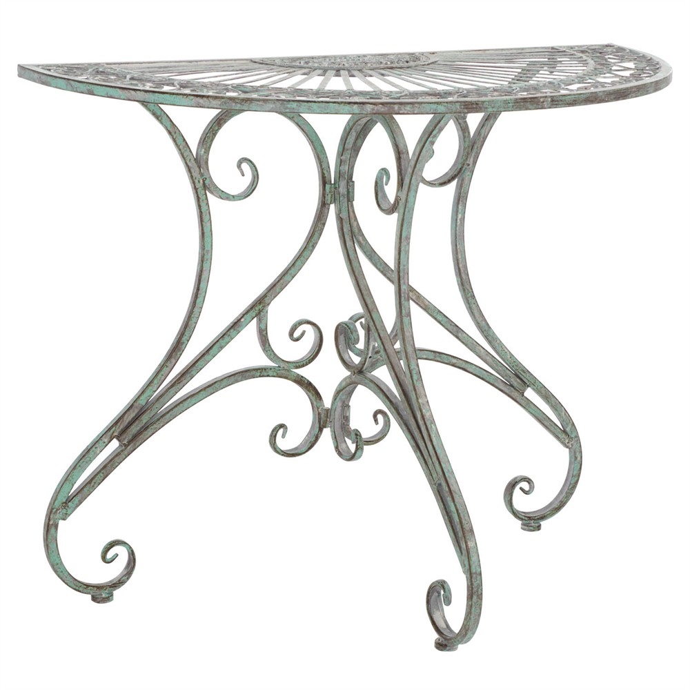 Alessia French Country Antique Green Iron Demilune Outdoor Console Table|
