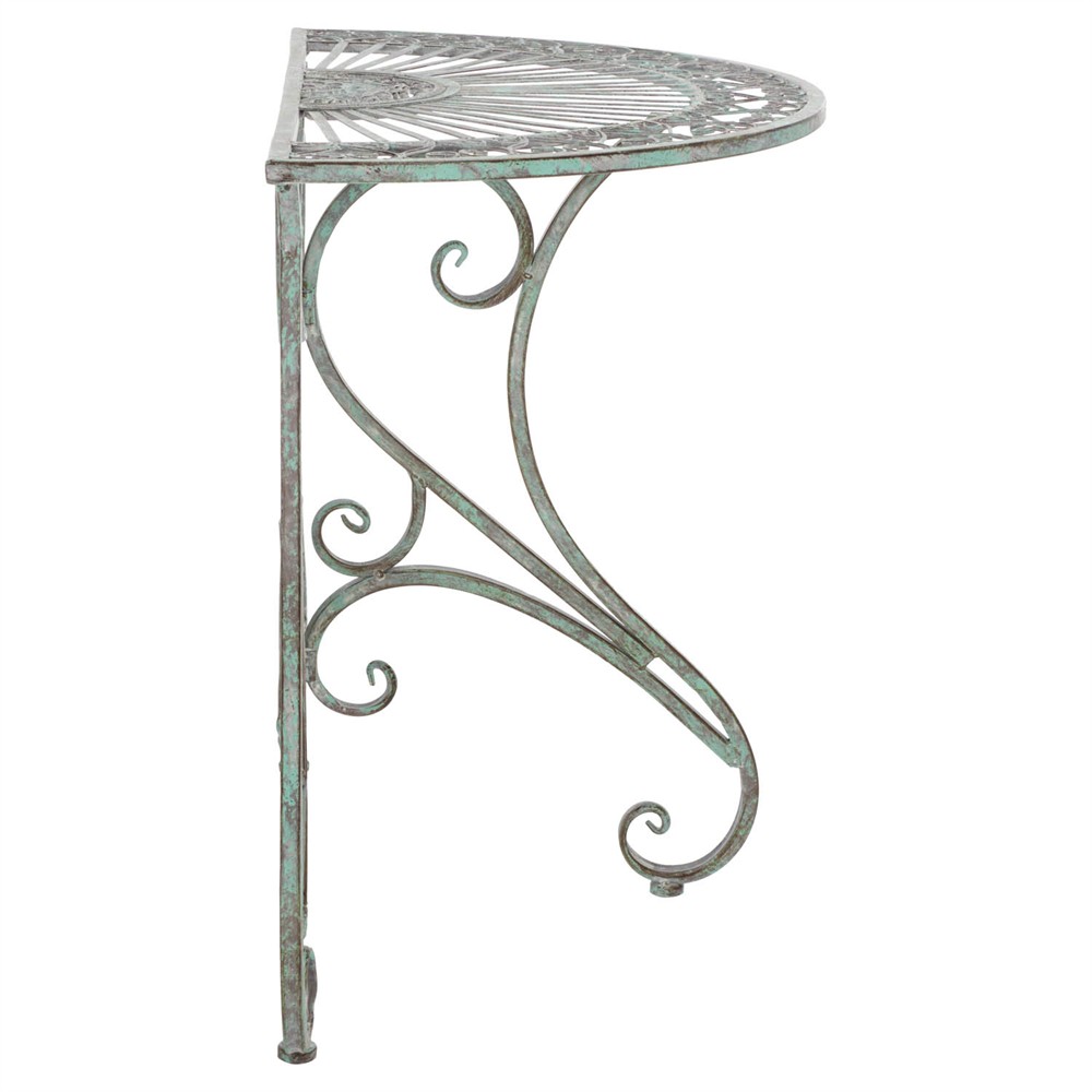 Alessia French Country Antique Green Iron Demilune Outdoor Console Table|