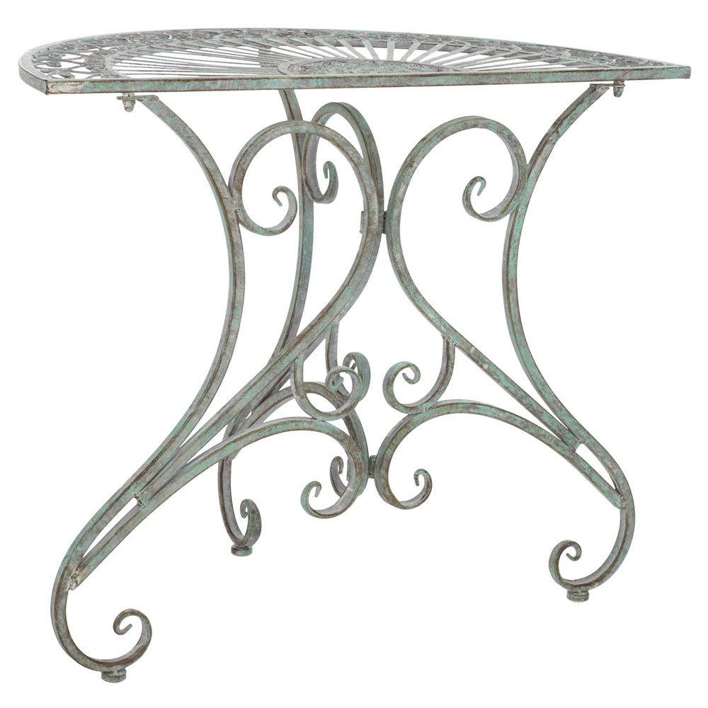 Alessia French Country Antique Green Iron Demilune Outdoor Console Table|
