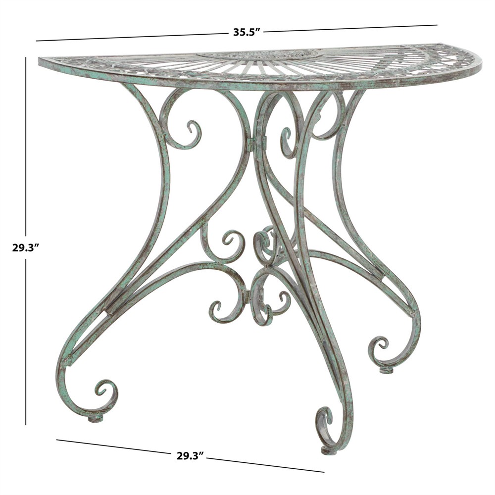 Alessia French Country Antique Green Iron Demilune Outdoor Console Table|