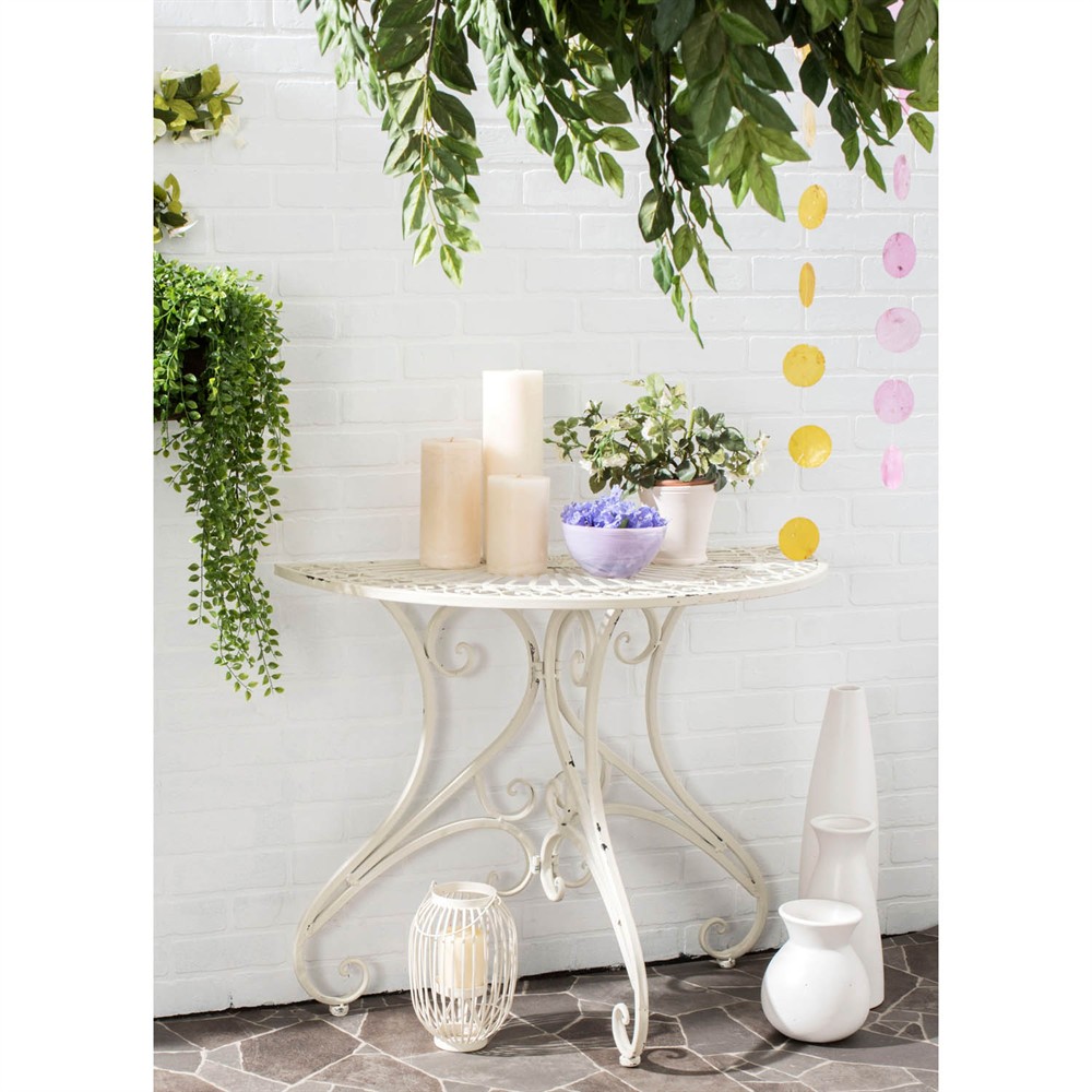 Alessia French Country Antique White Iron Demilune Outdoor Console Table|