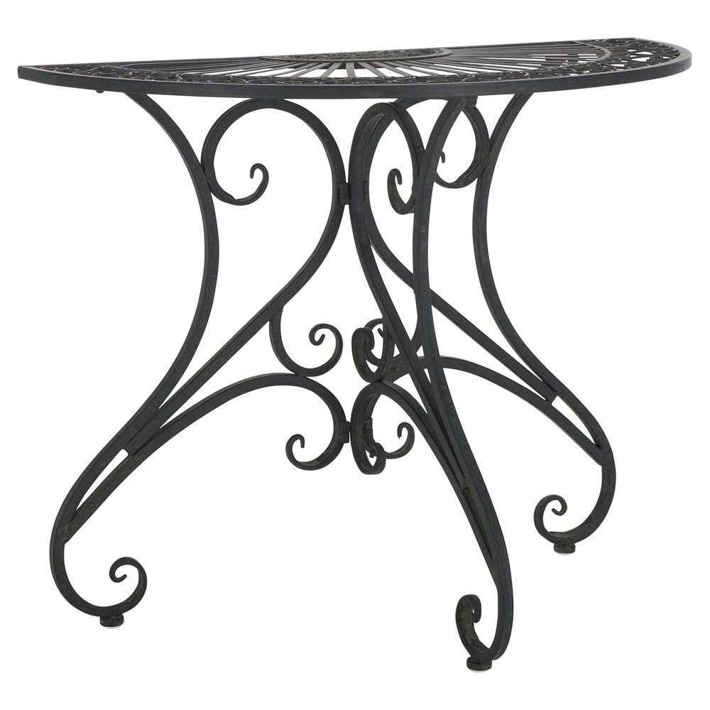 Alessia French Country Black Iron Demilune Outdoor Console Table|