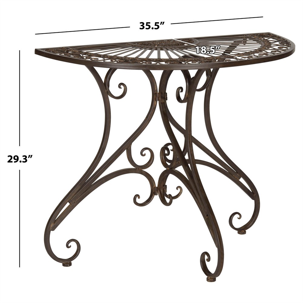 Alessia French Country Rustic Brown Iron Demilune Outdoor Console Table|