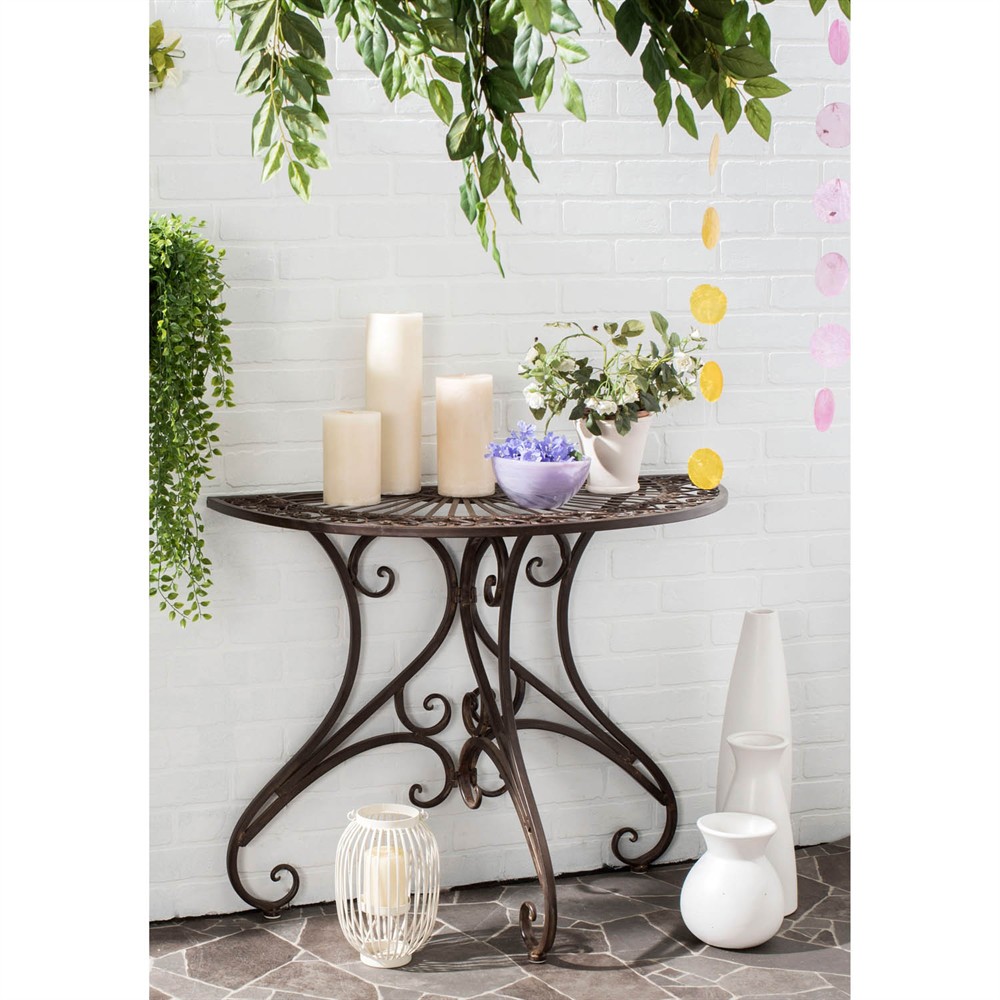 Alessia French Country Rustic Brown Iron Demilune Outdoor Console Table|