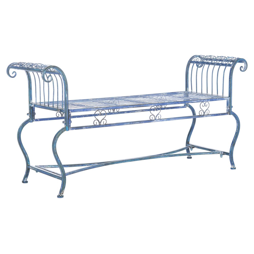Althea French Country Antique Blue Iron Outdoor Garden Bench|