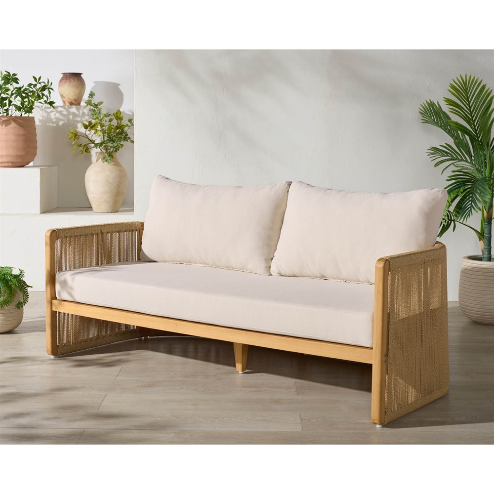 Fiora Coastal Beach Woven Hyacinth Natural Teak Outdoor Sofa - 71"|