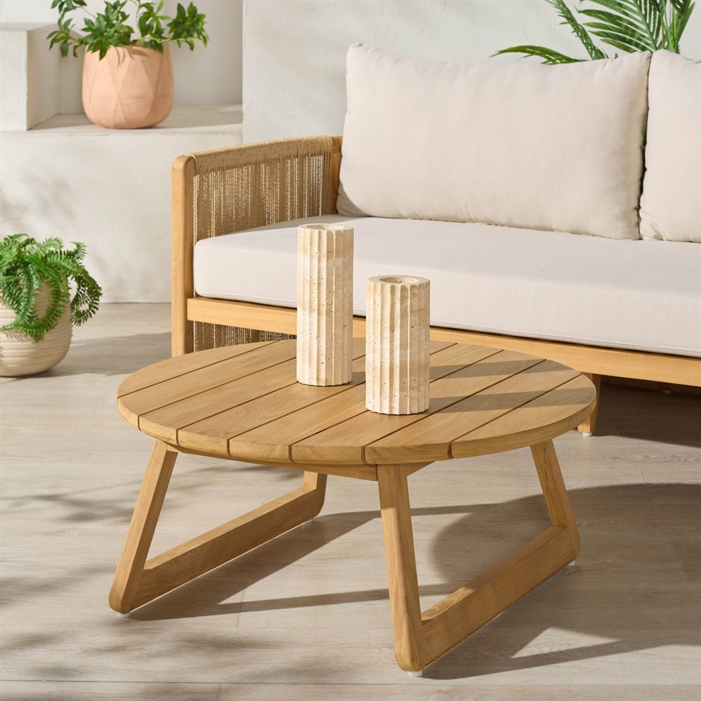 Fiora Coastal Beach Natural Teak Wood Round Outdoor Coffee Table|